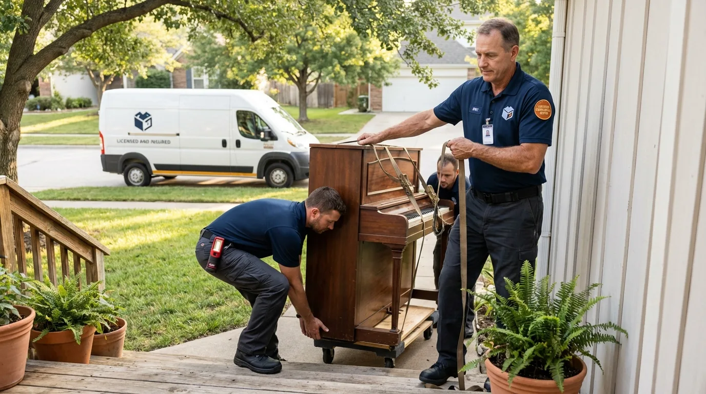 Licensed piano movers securing grand piano in Enfield, NH