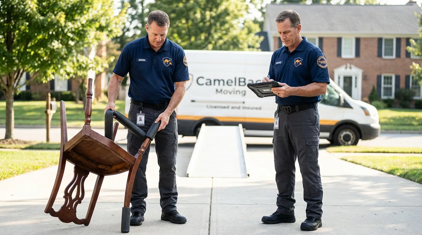 Movers inspecting furniture for damage prevention before loading in Enfield, NH