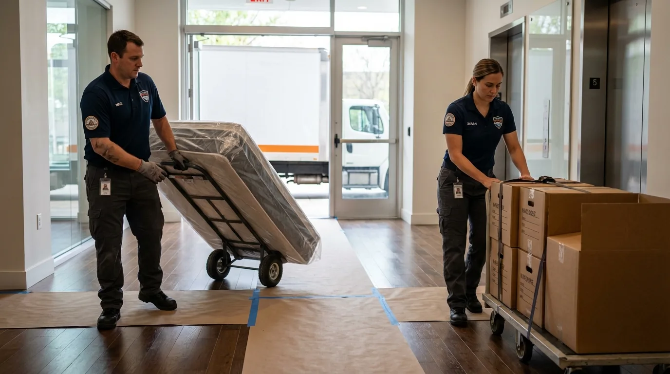 Professional apartment movers loading elevator in Enfield, NH
